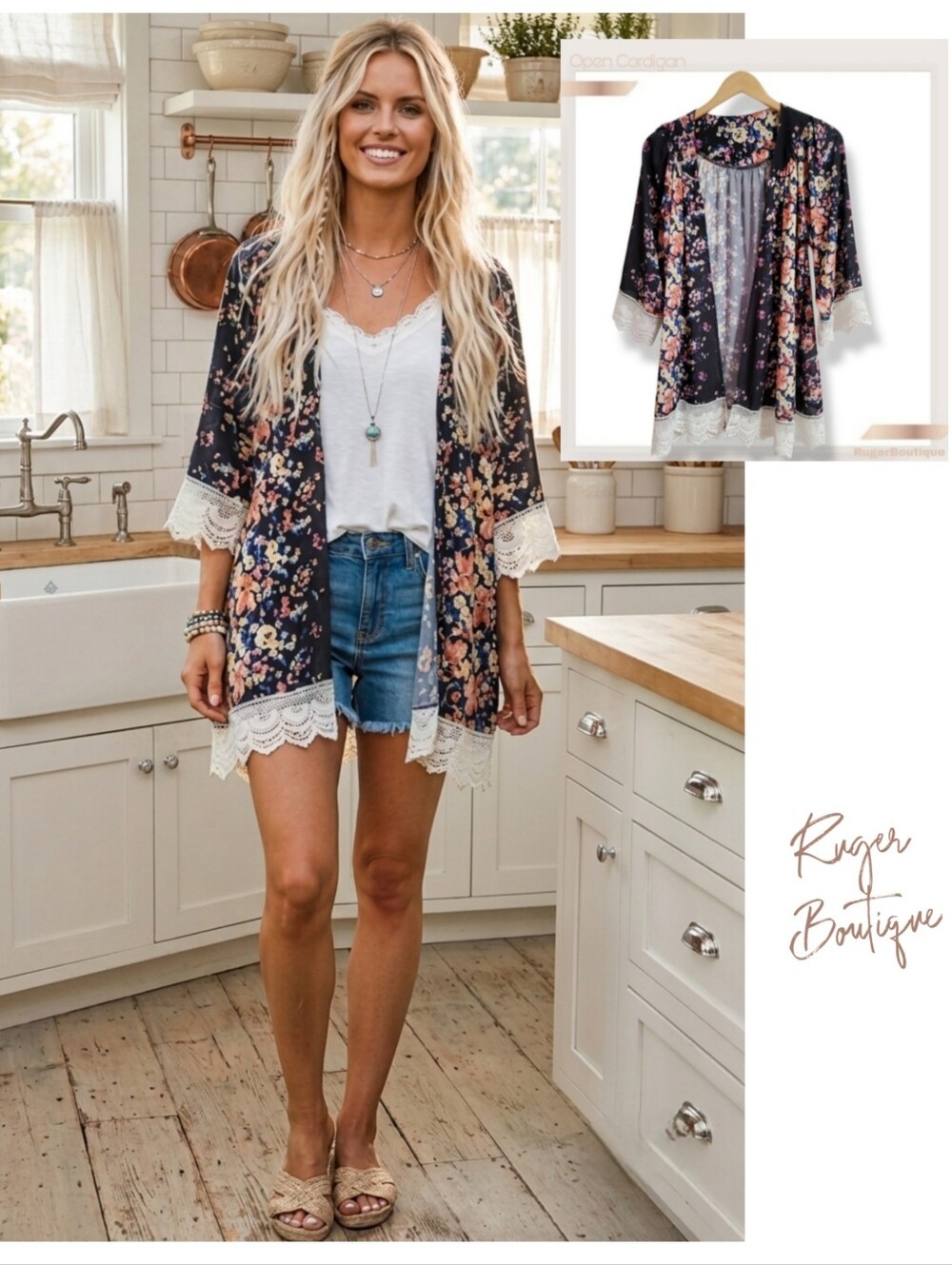🌿The Wildflower Granny Yoke Cardigan - Black Floral with Scalloped Lace